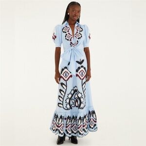 Farm Rio: Blue Artisanal Embroidered Lace Front Bow Maxi Dress